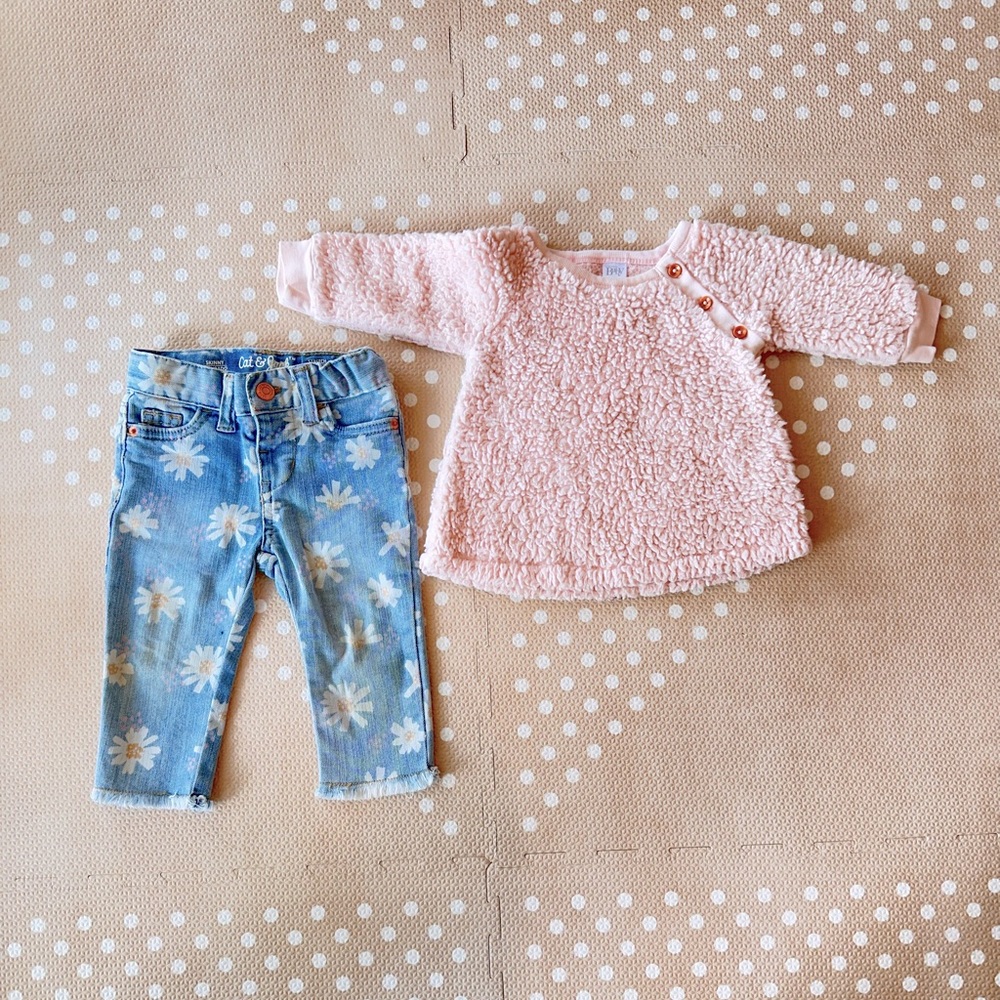 Flowery Jeans and Sherpa Pullover Bundle